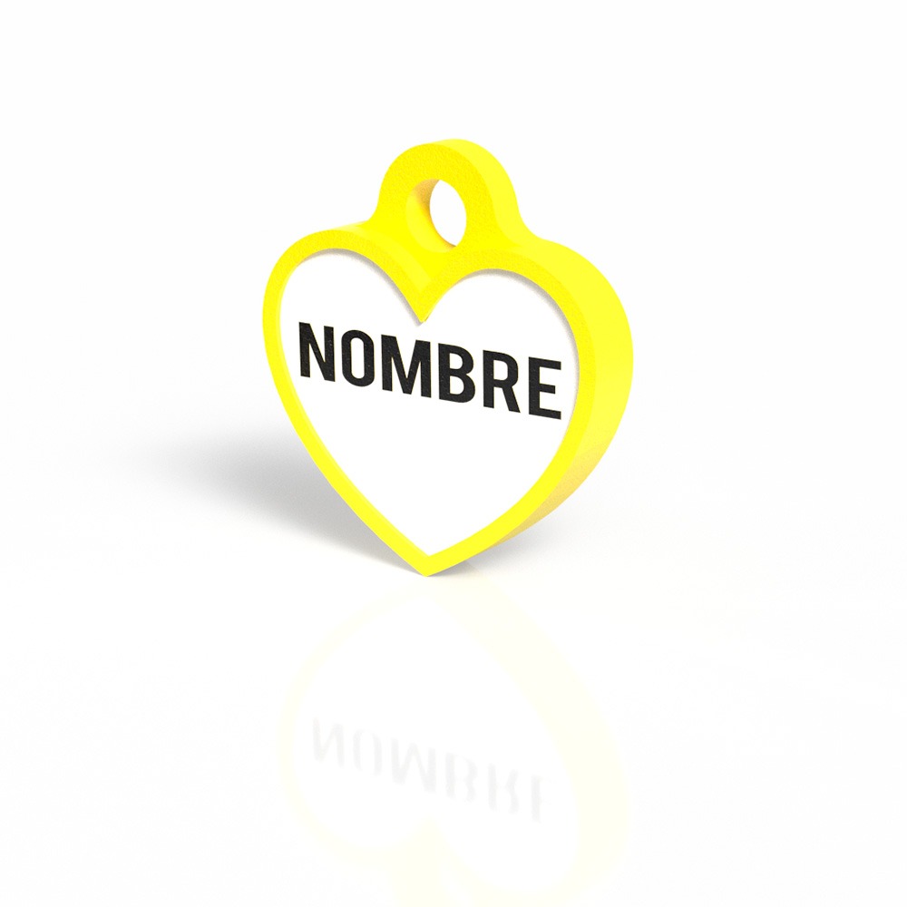 Chapita con forma de corazón amarillo 2 Mira Que Guau! Vista frontal de chapita identificativa en forma de corazón color amarillo.