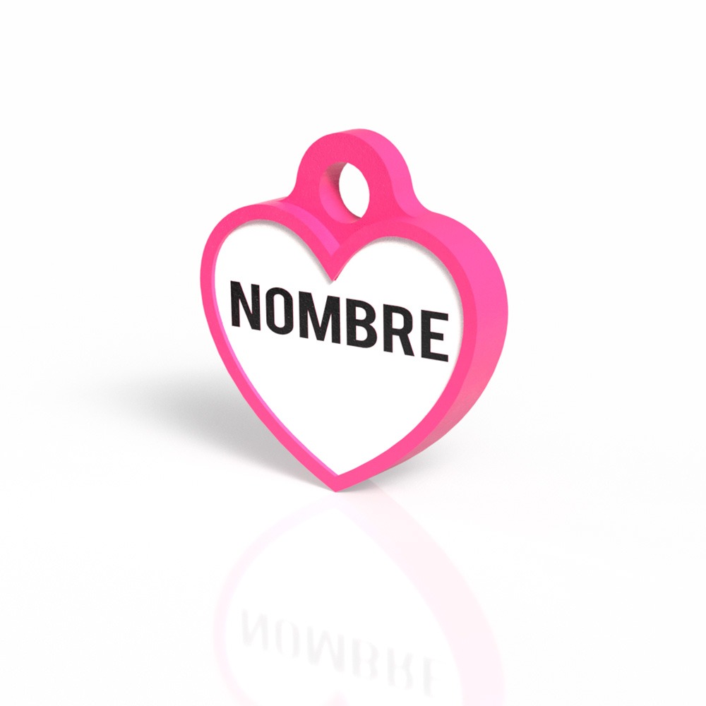 Chapita con forma de corazón fucsia 2 Mira Que Guau! Vista frontal de chapita identificativa en forma de corazón color fucsia.
