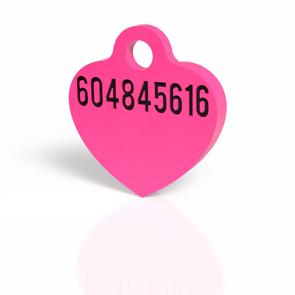 Chapita con forma de corazón fucsia 4 Mira Que Guau! Vista trasera de chapita identificativa en forma de corazón color fucsia.