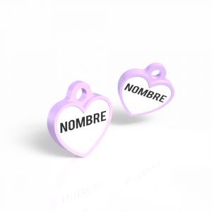 Chapita identificativa en forma de corazón color lila para perros, personalizable con texto o número de teléfono.