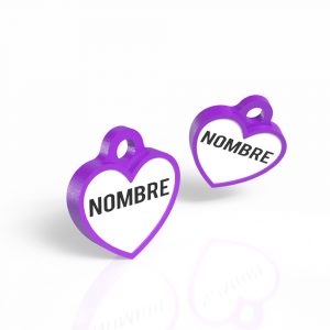 Chapita identificativa para perros en forma de corazón, color morado, personalizable.