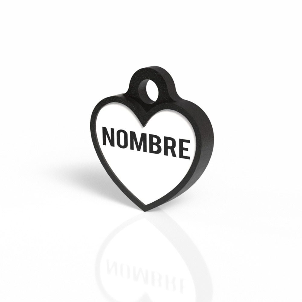 Chapita con forma de corazón negro 2 Mira Que Guau! Vista frontal de chapita identificativa en forma de corazón color negro.